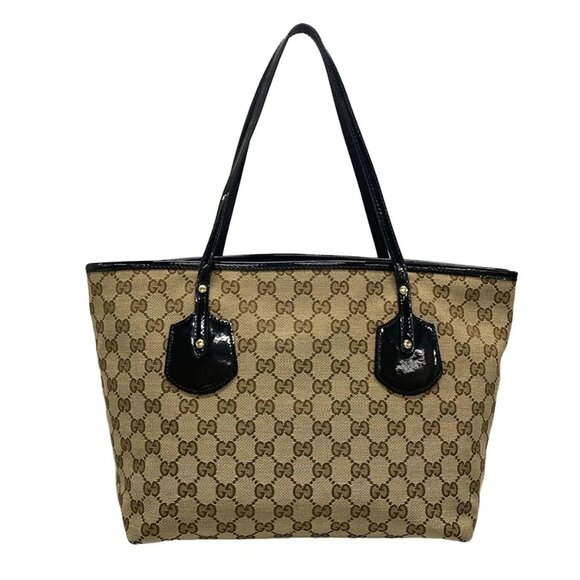 Auth GUCCI Jolly/GG 211976 Beige Brown Black Jacquard Patent Leather Tote Bag - Picture 3 of 16
